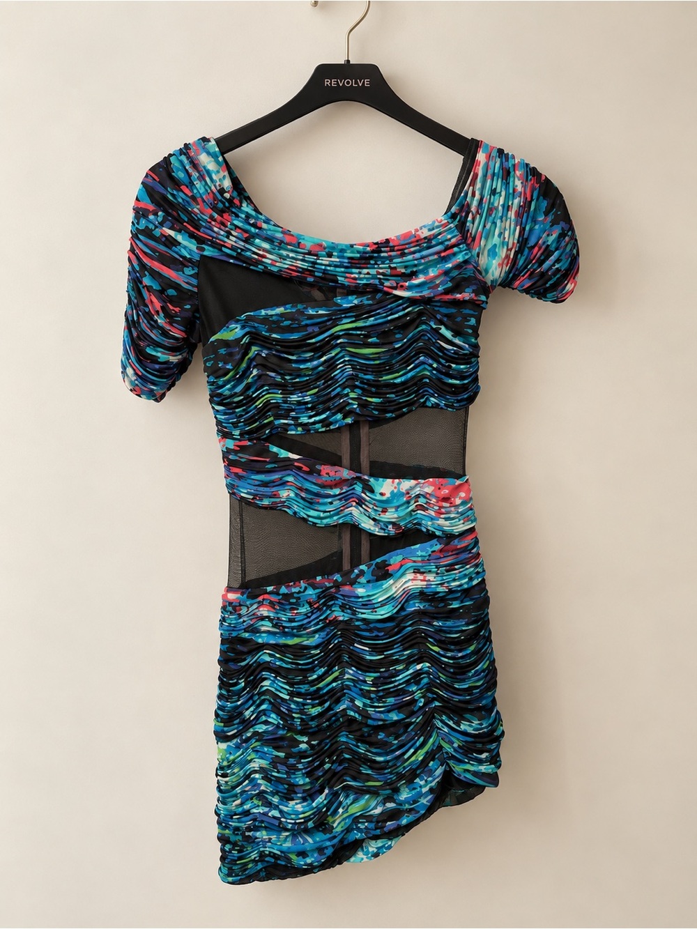 REVOLVE Multicolor One-Shoulder Ruched Mesh Mini Dress - Blue/Black/Red